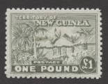 New Guinea: FORGERY: 1925 €1 Huts, dull green perforated and with gum MVLH; well centred. An expert creation by master-forger Angelo Panelli.