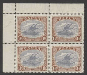 1916-31 (SG.95d) 1½d bright blue and bright brown, unmounted top left corner block of €š (4). Shows varieties 'Postace at right', rift in clouds - 2nd retouch, 'break in inner frame, left of bump' and 'break under 'S' at right. MUH.