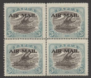 1929-30 (SG.113) Harrison Printing AIR MAIL overprint on 3d sepia-black & bright blue-green; block of (4) MLH. Cat.€200.
