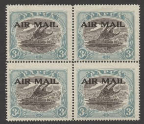 1929-30 (SG.113) Harrison Printing AIR MAIL overprint on 3d sepia-black & bright blue-green; block of (4) MLH. Cat.&euro;200.