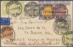 Aerophilately: April 1937 (AAMC.727) (Perth) - Sydney - Hong Kong - San Francisco, uprated KGV 1€š½d Postal Card carried on the new route serviced by QANTAS, Imperial AIrlines and Pan American Airlines. With Hong Kong and San Francisco backstamps; frankin