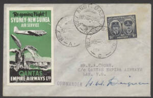 Aerophilately: 2 April 1945 (AAMC.1002) Sydney to Lae (New Guinea) flown cover, carried for QANTAS and signed by the pilot, H.H. Deignan on the DC3 re-opening service following the defeat of Japan in the Pacific. Minor discolouration at upper right. Cat.$