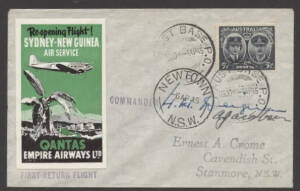 Aerophilately: 4 April 1945 (AAMC.1003) Lae (New Guinea) to Sydney flown cover, carried for QANTAS and signed by the pilots, H.H. Deignan & A. Jacobson on the DC3 re-opening service following the defeat of Japan in the Pacific. Cat.$275.