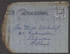 Aerophilately: 13 March 1954 (AAMC.1337) When it crashed at Singapore, the BOAC Constellation "Belfast" was carrying mail for England and Europe from Australia: this lot comprises of a 10d aerogramme sent from Perth for delivery in Holland, together with 