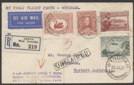 Aerophilately: 13-22 July 1930 (AAMC.164) (Perth) - Derby - Wyndham, registered cover, carried by W.A.A. on their extended route via various stops en route. The pilot was Norman Brearley. Extensively backstamped. Cpl. minor tonespots at right.