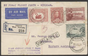 Aerophilately: 13-22 July 1930 (AAMC.164) (Perth) - Derby - Wyndham, registered cover, carried by W.A.A. on their extended route via various stops en route. The pilot was Norman Brearley. Extensively backstamped. Cpl. minor tonespots at right.