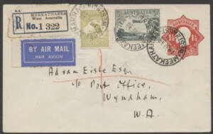 Aerophilately: 13-22 July 1930 (AAMC.165a) Meekatharra to Wyndham, registered cover, carried by W.A.A. on their extended route via various additional intermediate stops. The pilot was Norman Brearley. Correctly backstamped. Franking includes 3d Kangaroo (