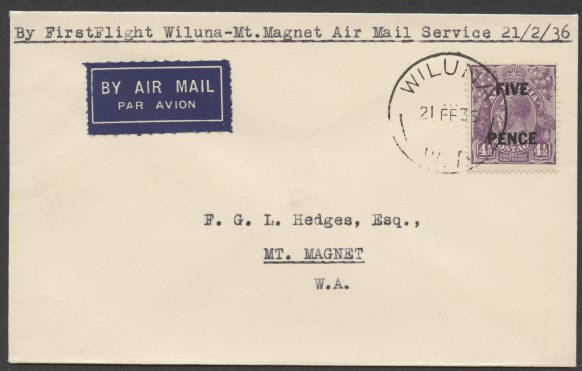 Aerophilately: 17-18 Feb.1936 (AAMC.591a - additional #) Wiluna - Mount Magnet flown cover, carried by Airlines (WA) Ltd on their inaugural "goldfields route" service. [Not previously recorded by Eustis; unknown numbers flown].