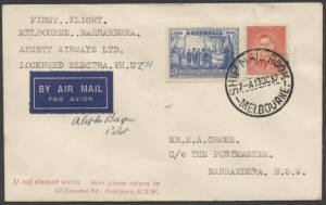 Aerophilately: 19 Oct.1937 (AAMC.770a) Melbourne to Narrandera flown cover, signed by the pilot, A.M. Bayne on behalf of Ansett Airways. This was the inaugural airmail return flight from Sydney utilizing a Lockheed Electra "Ansirius". Very small mails car