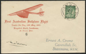 Aerophilately: 29 May 1937 (AAMC.734) Souvenir cover #6 carried on the First Australian Sailplane Flight on Empire Air Day at Kingsford Smith Aerodrome. Signed by the pilot, Martin Warner. Only 125 covers carried.