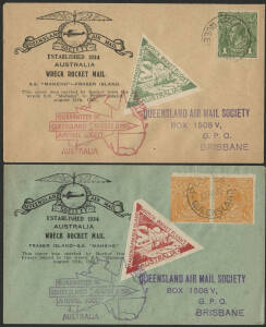 Rocket Mail: 11 August 1935 (AAMC.R2 & R3) Fraser Island to SS Maheno and return flown covers, carried by rocket in both directions; both covers with special vignette and Queensland Airmail Society handstamps. (2 items). Unusually fresh.