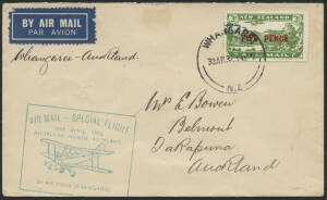 New Zealand: 30 April 1932 (NZAC.76i) Whangarei to Auckland flown cover, carried on the last of their Survey Flights by Air Travel; with cachet in green and appropriate backstamps.