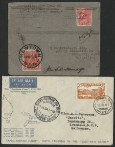 Aerophilately: KINGSFORD SMITH'S THIRD CROSSING OF THE TASMAN: 13 Jan.1934 (AAMC.350) Australia to New Zealand cover, flown by Kingsford Smith in the famous "Southern Cross"; signed by his crew members, John Stannage & P.G. Taylor. Accompanied by a March 