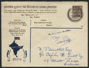 India: June 1929 Joan Page special illustrated cover, carried on the Dum Dum to Calcutta flight; with DUM DUM cds and "Flown Joan Page" cachet.