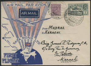 India: 17 Oct.1932 illustrated Tata Sons Ltd cover carried on their first flight from Madras to Karachi; with special cds's in use at MADRAS for only one day.