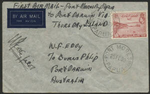 Papua: 25 Feb.1939 (AAMC.P142) Port Moresby - Thursday Island - Darwin flown cover, carried by Eddy & Kelly (and signed by the former) in their Grumman Amphibian. Pilot signed covers from this flight are particularly scarce.