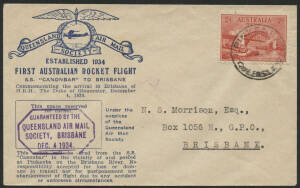 Rocket Mail: 4 Dec.1934 (AAMC.R1) SS Canonbar to Brisbane, flown cover carried on the first rocket delivery mail flight in Australia; with special vignette on reverse. Fine condition.