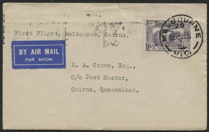 Aerophilately: 29 Oct.1935 cover from from Melbourne, via Sydney, Brsbane (b/s) and Townsville to Cairns (b/s); the final legs by New England Airways Ltd; correctly rated 6d (2 x €š½oz rate) with 6d Kingsford Smith single franking. [BW: Cat.$150.].