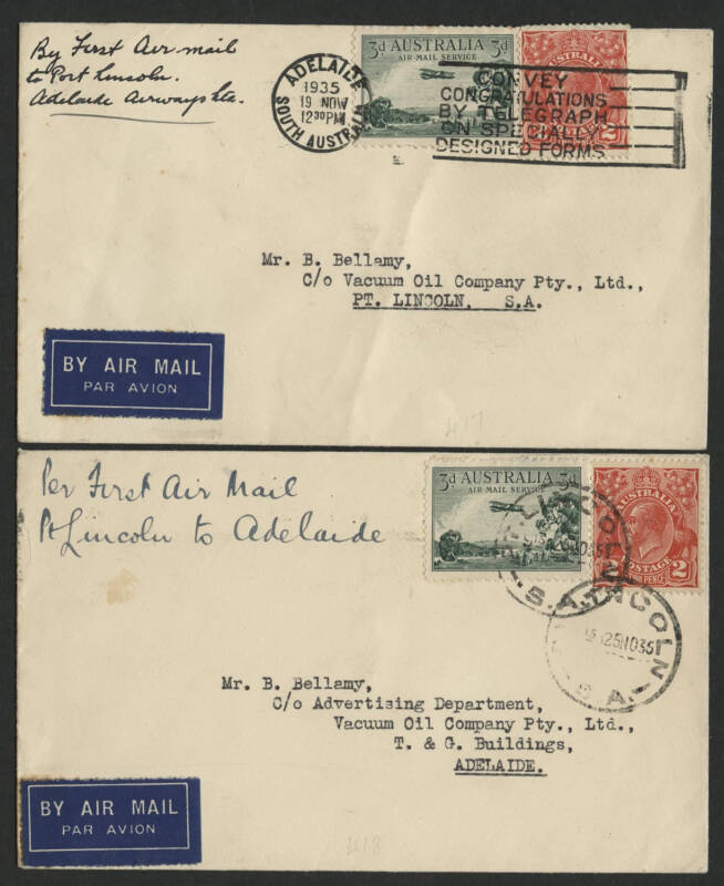 Aerophilately: 25 Nov.1935 (AAMC.558 & 559) Adelaide - Port Lincoln & return flown covers, carried by Adelaide AIrways Ltd on their inaugural flights. Pilot was H.G. Kirkman in both directions. (2). Considering the relatively large number of covers flown,