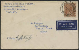 Aerophilately: 14 April 1937 (AAMC.722) Narromine to Cobar cover, flown by Intercity Airways; the first flight to include Cobar on the route from Sydney. Signed by the pilot, C. Gatenby and rare thus. [Very small mails flown from intermediates!].