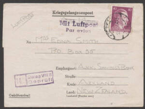 Germany: 1944 (June 27) 'Kriegsgefangenenpost' Prisoner of War lettersheet sent airmail to New Zealand from serviceman Conway Olsen held in Labour Camp E543, Drmbrowa, Beuthen (Bytom, Poland; a sub-camp of Stalag VIII B, Lamsdorf) with camp censor cachet 