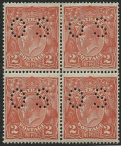 KGV Single Wmk: 2d Scarlet (SG.63), perforated OS blk.(4) very well centred and fresh; 2 MUH, 2 Mint. Minor perf. seperations. UL unit with variety "CE of PENCE joined at base". BW Cat.$470+.