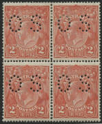 KGV Single Wmk: 2d Scarlet (SG.63), perforated OS blk.(4) very well centred and fresh; 2 MUH, 2 Mint. Minor perf. seperations. UL unit with variety "CE of PENCE joined at base". BW Cat.$470+.