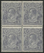 KGV SM Wmk perf 14: 3d Ultramarine block (4) yielding 2 Type A+B horizontal pairs; UR unit with variety BW.106(3,4)g "White spot over king's head (Type B)"; MUH. Centred left. BW Cat.$650++.