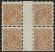 KGV SM Wmk perf 13&frac12; x 12&frac12;: 5d Chestnut, inter-panneau blk.(4); 2 units MUH, 2 M (tiny gum inclusion)/MVLH. Lower 2 units with interesting inking flaws at base (see below LVT). BW Cat.$370.