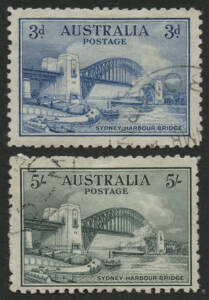 Pre-Decimals: 1932 3d blue and 5/- green Sydney Harbour Bridge opening stamps, (2) both cancelled-to-order. (2).