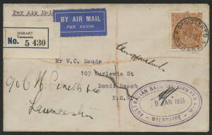 Aerophilately: 19 Jan. 1931 (AAMC.175) Launceston - Melbourne flown registered cover, carried by Australian National Airways Ltd first trans-Bass Strait airmail flight and signed by the pilot, Charles Kingsford Smith. Thence flown Melbourne - Sydney by Pi