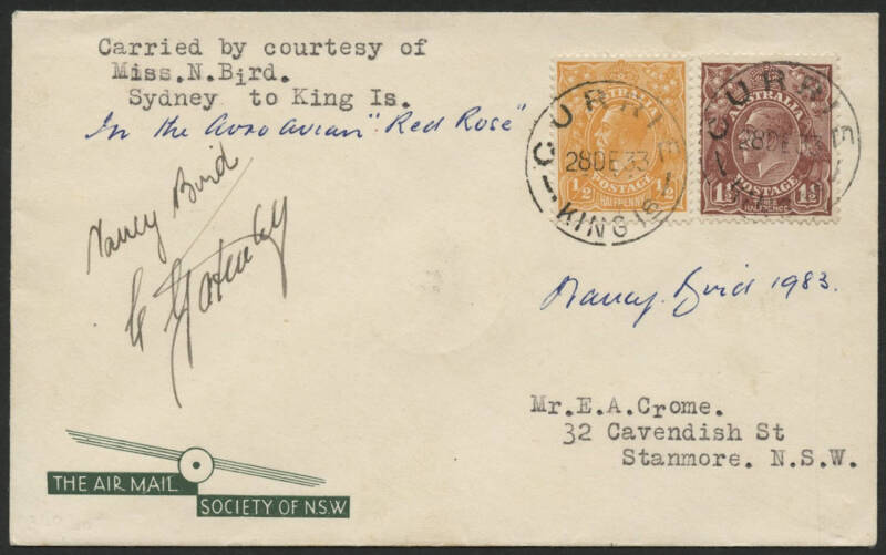Aerophilately: Dec.22 1933 (AAMC.349) Sydney - Currie (King Island) flown cover, carried by Nancy Bird and Charles Gatenby on the first direct flight to King Island; postmarked on arrival at Currie; signed by both pilots and signed again in 1983 by Nancy