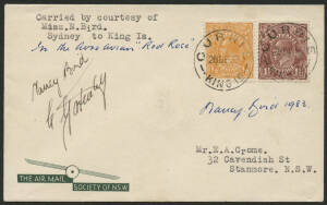 Aerophilately: Dec.22 1933 (AAMC.349) Sydney - Currie (King Island) flown cover, carried by Nancy Bird and Charles Gatenby on the first direct flight to King Island; postmarked on arrival at Currie; signed by both pilots and signed again in 1983 by Nancy 