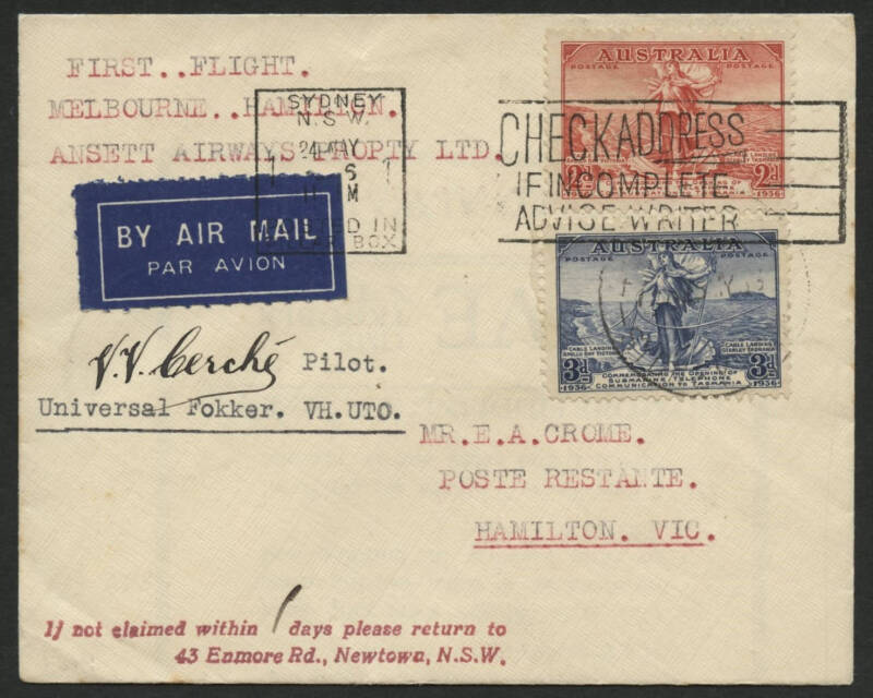 Aerophilately: 25 May 1936 (AAMC.603) Melbourne to Hamilton flown cover, carried on the first flight by Ansett Airways Ltd and signed by the pilot, V.V.Cerche. He flew the mail of 142 items aboard a Fokker "Universal" VH-UTO. Cat.$275.