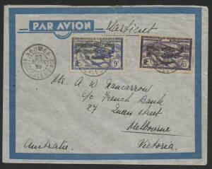 Aerophilately: 24 March 1939 (AAMC 844) Noumea (New Caledonia) - Brisbane flown cover, carried by French aviator Henri Martinet in his Caudron "Le Aiglon"; signed by the pilot at top and addressed in his own hand to a recipient in Melbourne. Cat.$500.