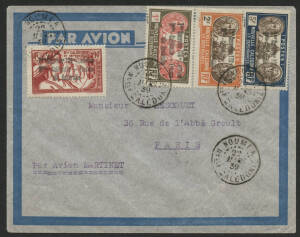 Aerophilately: 24 March 1939 (AAMC 845) Noumea (New Caledonia) - Paris flown cover, carried by French aviator Henri Martinet in his Caudron "Le Aiglon"; all 4 adhesives with the semi-official handstamp "1er Courier 100%aerien/Nelle-Caledonie-France/via Au