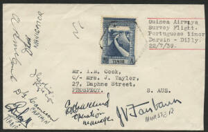 Aerophilately: 22 July 1939 (AAMC.873) Adelaide - Darwin - Dili (Portuguese Timor) carried on a survey flight by Guinea Airways Lockheed VH-AAU, signed by the entire crew and passengers including the Minister for Civil Aviation, J.V.Fairbairn and Captain 