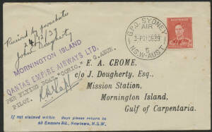 Aerophilately: 21 December 1939 (AAMC.887) Sydney to Mornington Island Christmas Mail flown cover, carried by Qantas Flying Boat "Corio" with Captain R.B.Tapp in command. Countersigned "Received by parachute 24/12/39 John Dougherty". [70 flown]. Cat.$175.