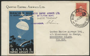Aerophilately: 22 Dec.1941 (AAMC.936) Brisbane - Mornington Island Christmas Mail cover carried by Qantas and signed by the pilot, E.C.Sims. Dropped by parachute with signed acknowledgement on reverse. Cat.$150.