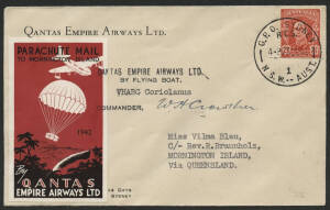 Aerophilately: 23 Dec.1942 (AAMC.936) Sydney - Mornington Island Christmas Mail cover carried by Qantas and signed by the pilot, W.H.Crowther. Dropped by parachute with signed acknowledgement on reverse. Cat.$150.