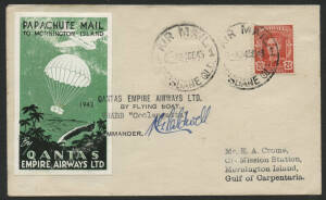 Aerophilately: 24 Dec.1943 (AAMC.971) Brisbane - Mornington Island Christmas Mail cover carried by Qantas and signed by the pilot, K.G.Caldwell. Dropped by parachute with signed acknowledgement on reverse. Cat.$175.