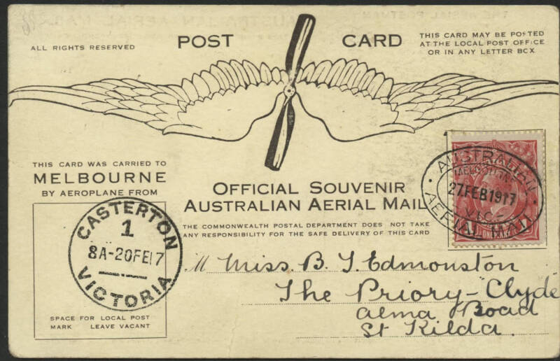 Aerophilately: 20-27 February 1917 (AAMC.13) Casterton to Melbourne flown souvenir card, carried by Basil Watson in his home-built bi-plane. With a delightful hand-wrirren message referring to Watson's flying exhibition and the fact that the writer has ta