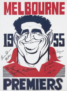 MELBOURNE: "Melbourne 1955 Premiers" Weg caricature posters (10) each with 9 signatures including Ron Barassi, Brian Dixon, John Beckwith & Clyde Laidlaw.