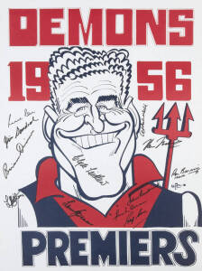 MELBOURNE: "Demons 1956 Premiers" Weg caricature posters (8) each with 12 signatures including Ron Barassi, Brian Dixon, John Beckwith & Clyde Laidlaw.