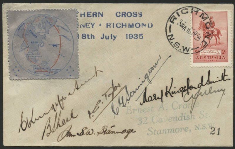 Aerophilately: THE LAST FLIGHT OF THE "SOUTHERN CROSS"18 July 1935 (AAMC.515) cover #21 bearing the special vignette and signed by all 7 aboard this historic short flight from Mascot to Richmond; the pilots, Charles Kingsford Smith and P.G.Taylor were acc