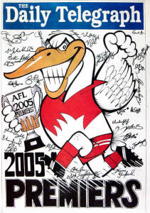 FOOTBALL POSTERS, noted 1995 Grand Final; 1996 Grand Final (2 - one signed by Bobby Skilton, Polly Farmer & John Nicholls); original Weg posters for 1997 (2), 1998 (2), 2004 (2 + 2 Special Edition); 2005 'The Daily Telegraph' Weg poster (with bogus signat