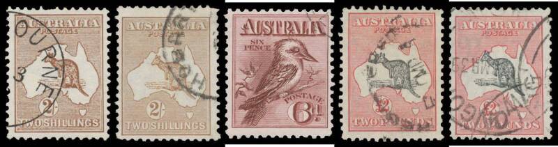 Australia: Stockbook collection with Kangaroos including First Wmk 2/- CTO, Second Wmk 2/- with cds cancel & 5/- with parcels cancel, SMult Wmk Â£2 and CofA Wmk 10/- Â£1 & Â£2, lots of KGV Heads including CofA Wmk 1/4d block of 4, Engraved 6d Kooka CTO, 1