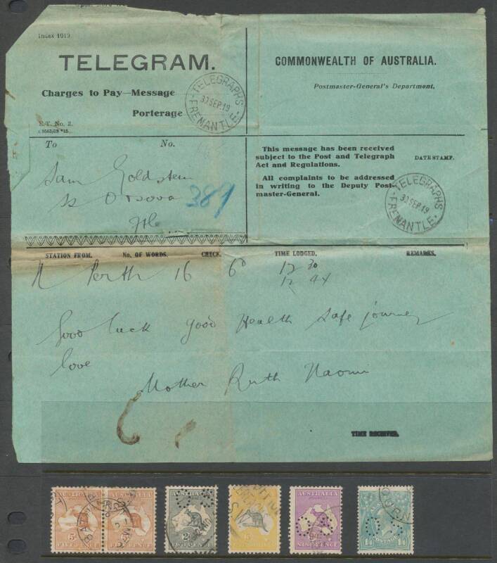 Australia: Eclectic accumulation starting with stockbook of used Kangaroos noted Third Wmk 5/- then KGV Heads including Single Wmk 1/4d 'OS' puncture CTO and 100+ mint but most with gum problems of varying degrees, 1919 telegram form with 'TELEGRAPHS/FREM