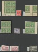 Australia: Selection with mint KGV 1d red Single-Line Perf; 1d green annotated varieties in blocks of 4 x3, Pane VIII blocks of 10 - with imprint - & 18 and CofA Imprint pair (used); also No Watermark 1/6d claret x2 & Victorian Centenary Perf 11Â½ 1/-; an