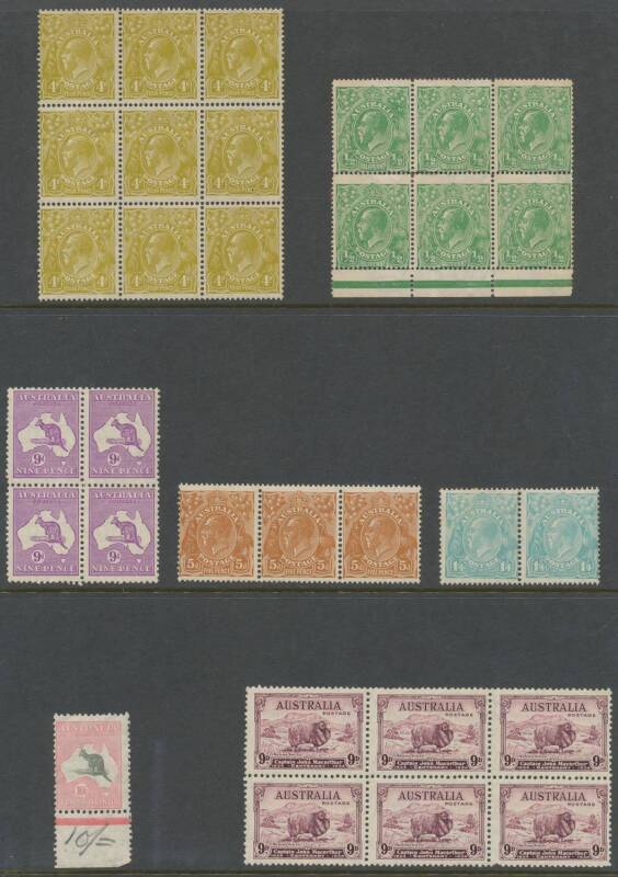 Australia: Untidy mint & used accumulation in albums, envelopes & boxes including Colonial issues & some on piece with potential postmark interest but also a smattering of mint noted Kangaroos CofA Wmk 9d block of 4 and 10/- marginal single, KGV 4d block